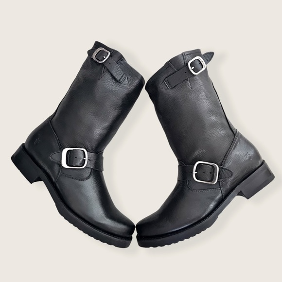 Frye Veronica Short Belted Black Leather Popular Moto Vintage Combat Ankle Boot - Picture 10 of 16